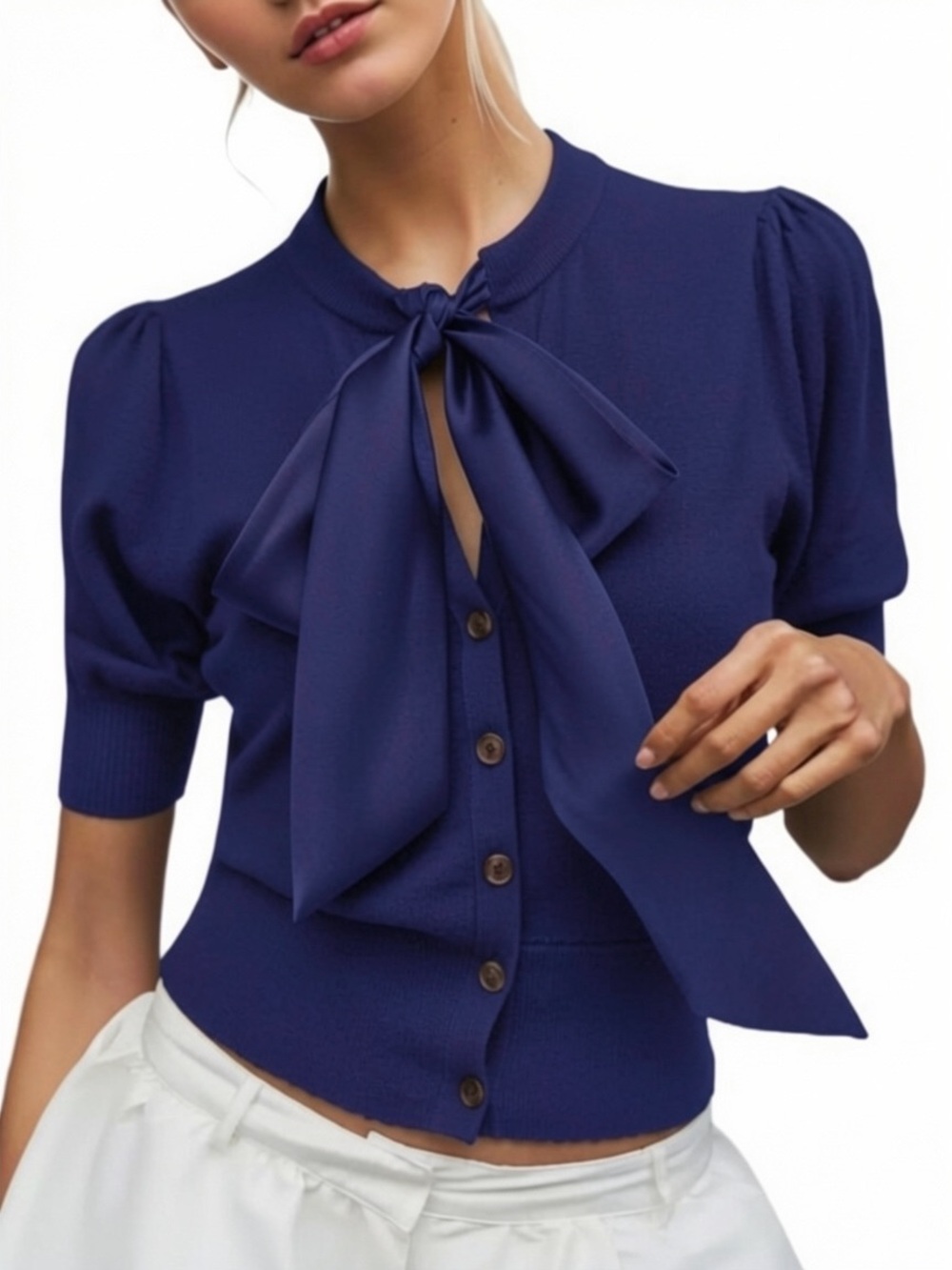 New Burtell Short Sleeve Navy Sweater Cardigan With Bow Tie Neck Size S